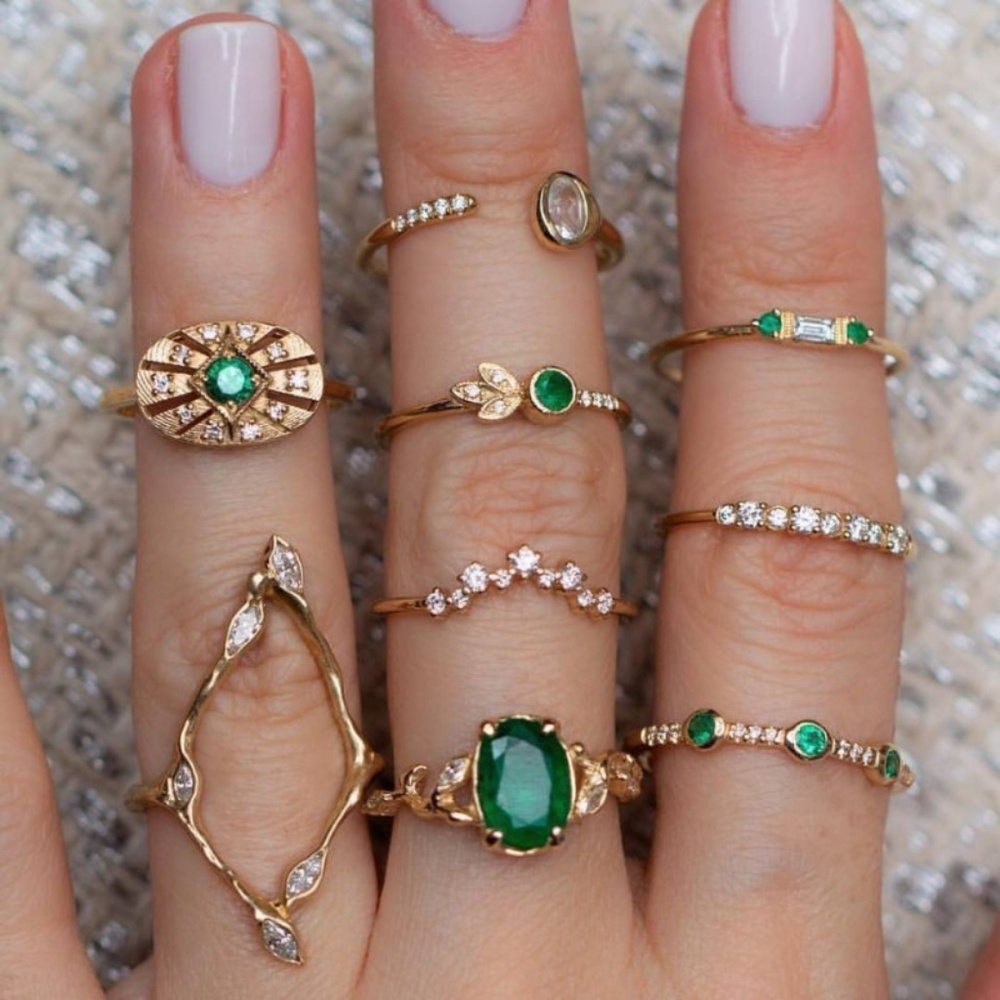 *RAZIYA* 9-Pc Gold x Green Rhinestone Fashion Ring Set